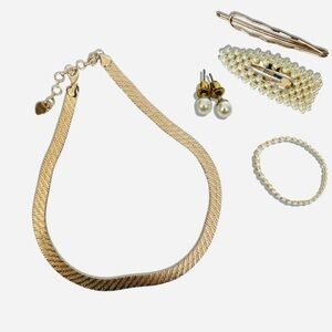 Gold&Pearl Jewelry/Hair Accessory Lot Of 5 - Necklace, Bracelet, Earrings, Clips